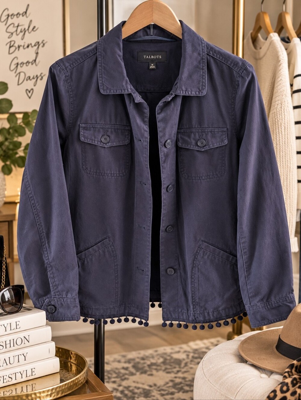 Talbots Navy Utility Jacket Pom Pom Trim Button Front Pockets Size Medium M